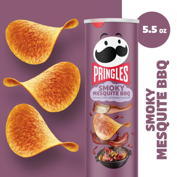 Pringles Smoky Mesquite BBQ potato chip can with chips on a purple background