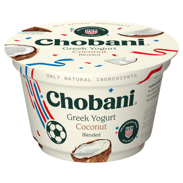 Chobani coconut Greek yogurt container on a white background