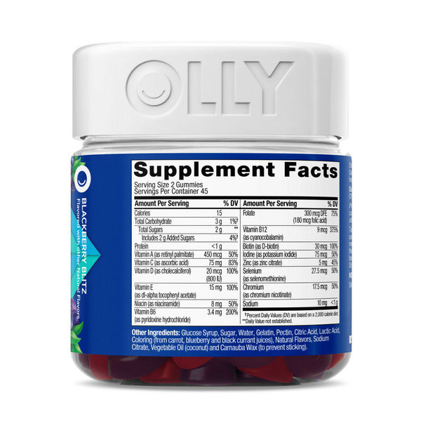 OLLY Men's Multi supplement bottle showing the Supplement Facts nutrition label on the back, with blackberry-themed side graphics and gummies visible inside the bottle on a white background.