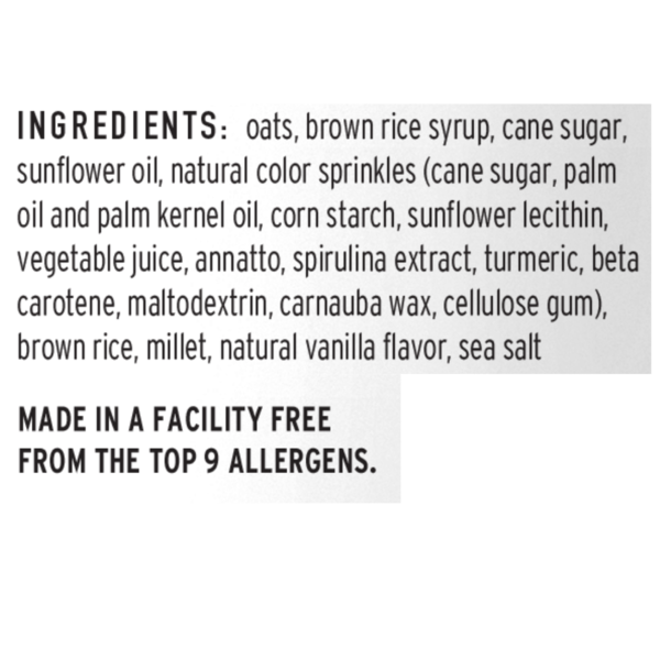 Safe + Fair Birthday Cake Granola ingredients label featuring gluten-free vegan granola made with oats, brown rice, millet and colorful natural sprinkles, allergy-friendly breakfast cereal free from the top 9 allergens, dairy-free, nut-free, soy-free, non-GMO plant-based granola with ancient grains and natural vanilla flavor.
