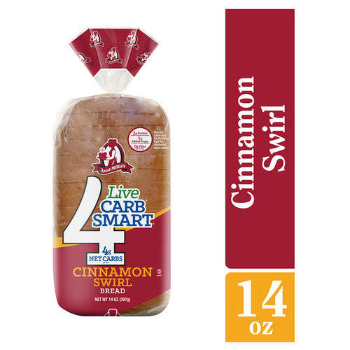 Aunt Millie's Live Carb Smart Cinnamon Swirl Bread loaf in clear packaging with cinnamon swirl design, 14 oz, on a white background.