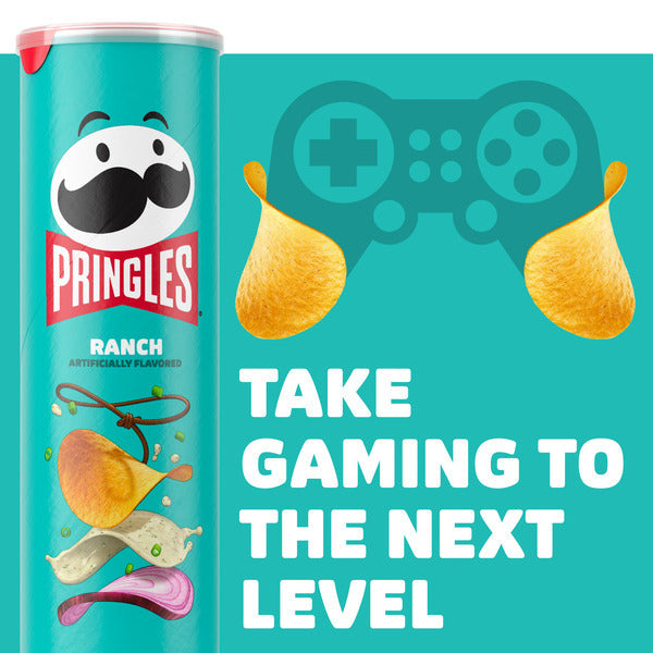 Pringles Ranch chip can with gaming controller and chips graphic on a teal background