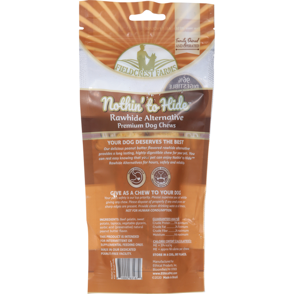 Fieldcrest Farms Nothin' to Hide Dog Chews, Premium, Peanut Butter Flavor, 5 Inch Small Rolls, 2 Pack