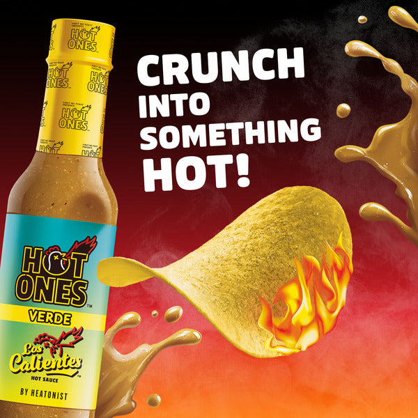 Hot Ones sauce bottle with a flaming chicken wing and text on a colorful background