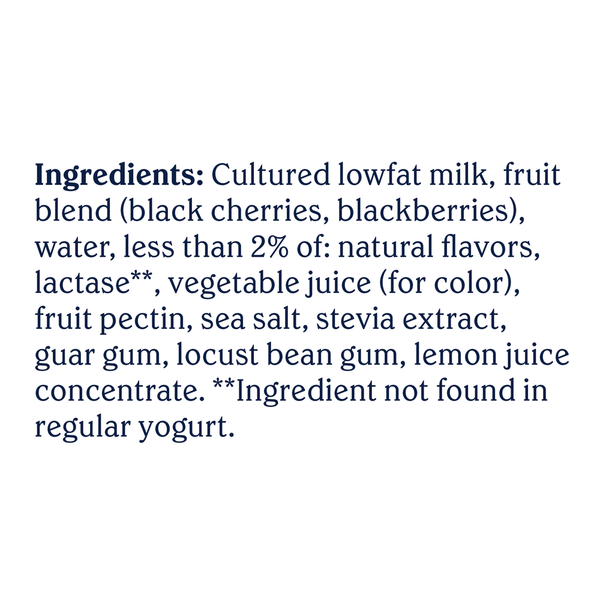 List of ingredients for a yogurt product on a white background
