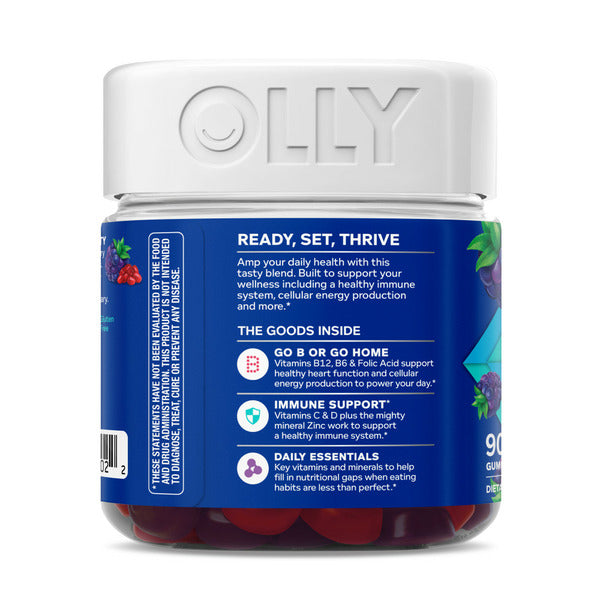 OLLY men's multivitamin gummy supplement bottle showing the back label with nutrition highlights and benefits, blue label, 90 gummies, white background.