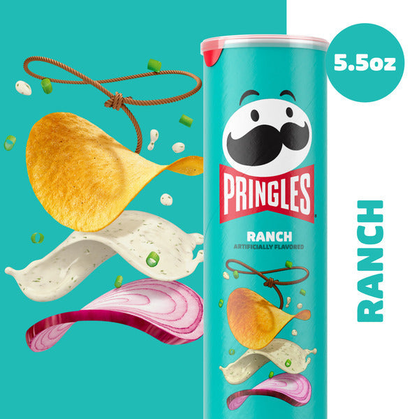 Pringles Ranch flavor canister with chips and ingredients on a teal background