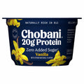 Chobani vanilla protein yogurt container with yellow flowers on a white background
