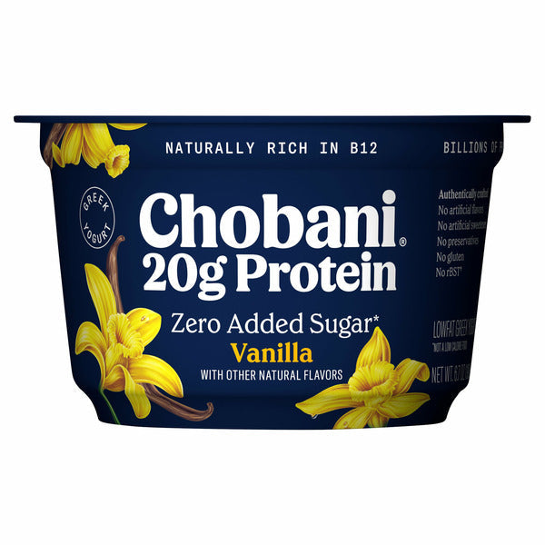 Chobani vanilla protein yogurt container with yellow flowers on a white background
