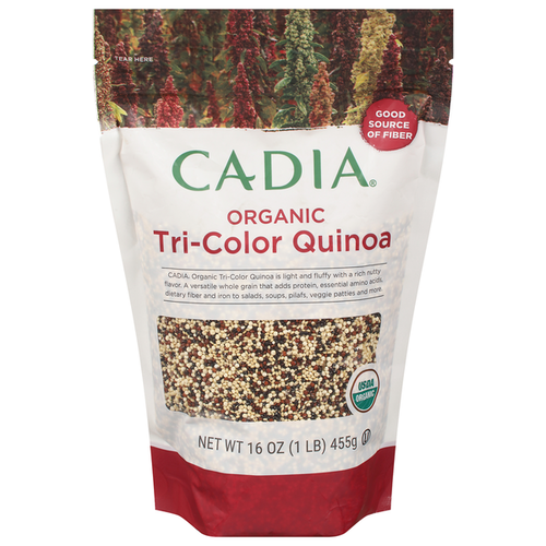Bag of Cadia Organic Tri-Color Quinoa with a scenic background