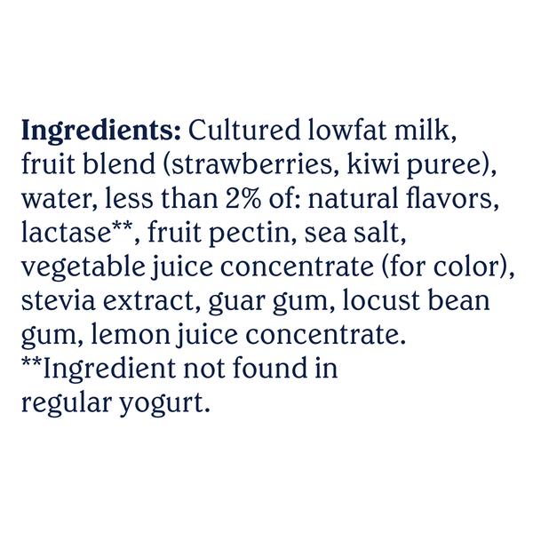 Ingredients panel for Chobani Zero Added Sugar Strawberry Kiwi Lowfat Greek Yogurt showing cultured lowfat milk, strawberry and kiwi fruit blend, natural flavors, lactase, fruit pectin, sea salt, vegetable juice concentrate, stevia extract, guar gum, locust bean gum, lemon juice concentrate, and allergen information on a white background.