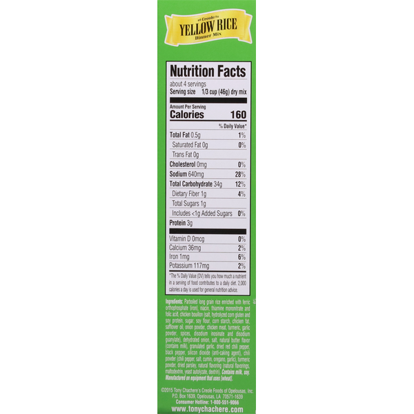 Tony Chachere's Dinner Mix, Yellow Rice, Creole