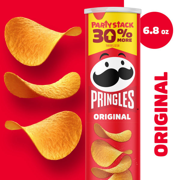 Pringles Original chip can with chips on a red background