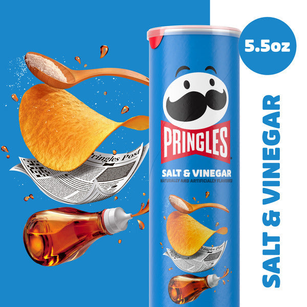 Pringles Salt & Vinegar can with chips and sauce on a blue background