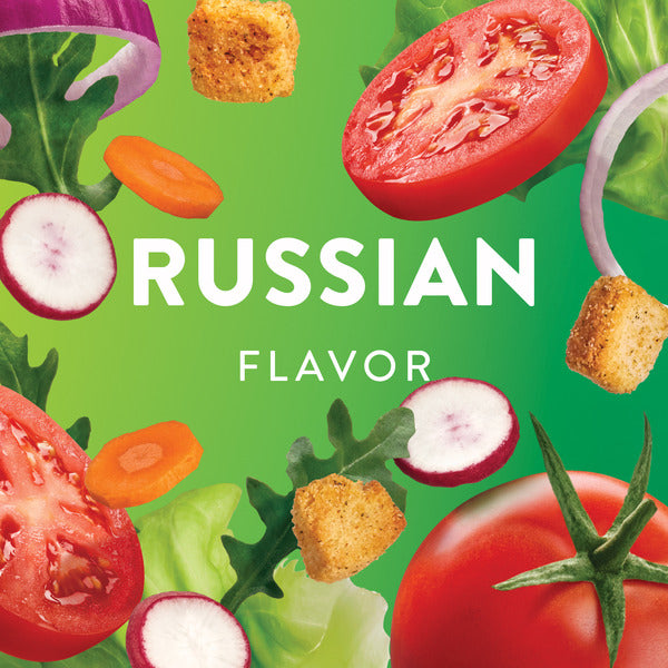Assorted vegetables and croutons on a green background with 'Russian Flavor' text.