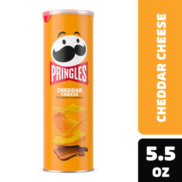 Pringles Cheddar Cheese potato chip can on a white background