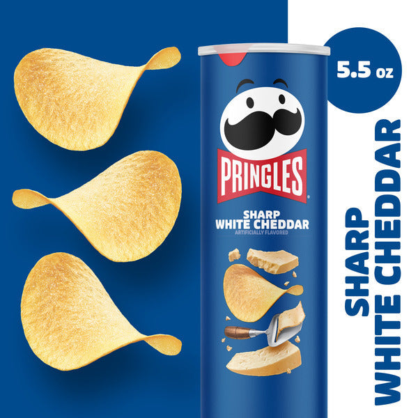 Pringles Sharp White Cheddar potato chip can with chips on a blue background