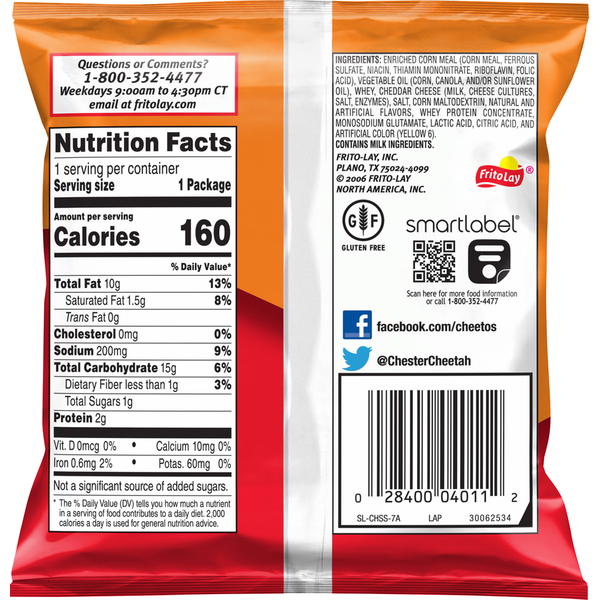Back of a Cheetos snack package with nutrition facts and branding details. Cheetos Cheese Flavored Snacks, Crunchy - 1 oz, Single Serve Cheese Corn Snack, Crunchy Corn Puffs, Grab & Go Lunch Snack, Party Snack, Frito-Lay Cheetos, Orange Cheese Snack Bag