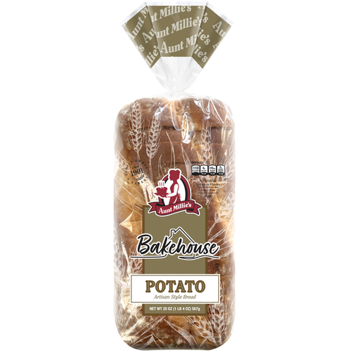 Packaged loaf of Aunt Millie's Bakehouse Potato bread on a white background
