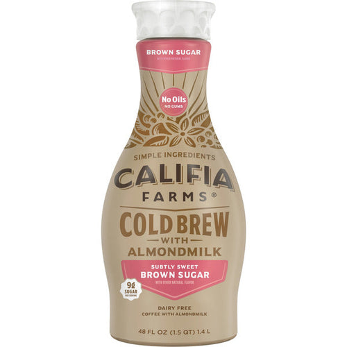 Califia Farms Brown Sugar Cold Brew Coffee with Almond Milk bottle on a white background, dairy-free almond milk coffee beverage with subtle sweet brown sugar flavor, 48 fl oz.