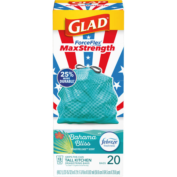 Glad ForceFlex MaxStrength Tall Trash Bags, 13 Gallon, Bahama Bliss with Febreze