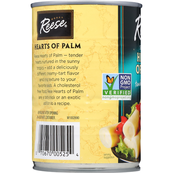 Can of Reese Hearts of Palm with yellow label and branding. Reese Select Hearts of Palm tender and delicious Non GMO Project Certified Reese company quality since 1947.