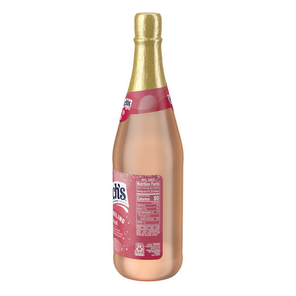 Welch's Sparkling Rosé Non-Alcoholic Beverage bottle with blush pink sparkling grape juice, gold foil-wrapped neck, pink label, and white background.