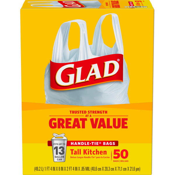 Glad Tall Kitchen Handle-Tie Trash Bags, 13 Gallon White Trash Bag