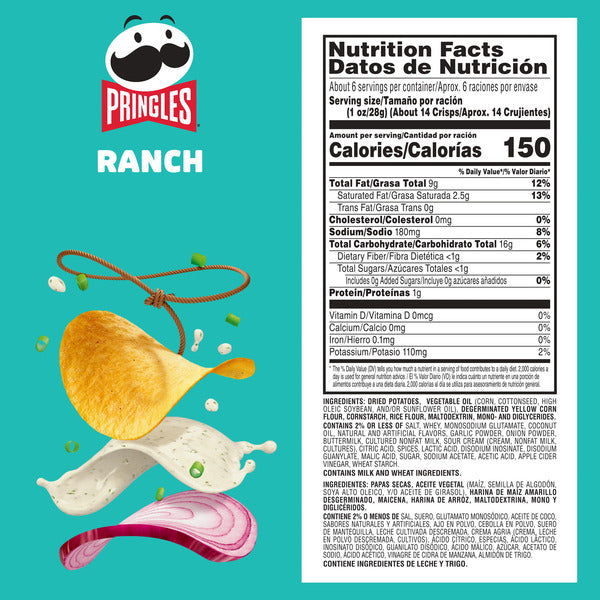 Pringles Ranch potato chip packaging with nutritional facts on a teal background