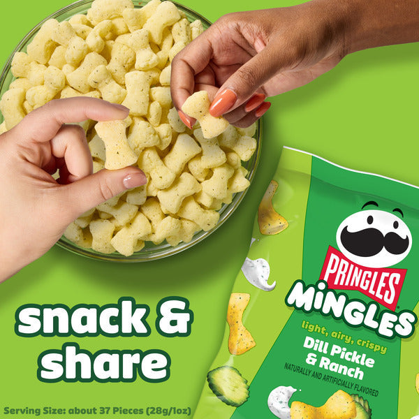 Pringles Mingles snack with hands reaching into a bowl on a green background