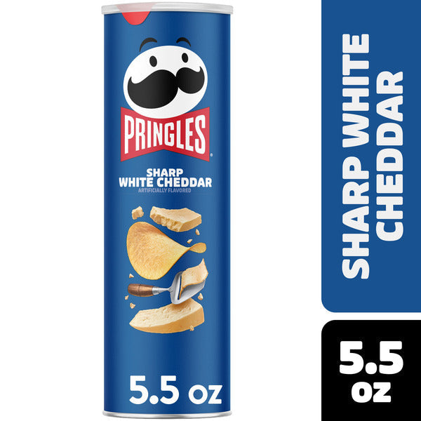 Pringles Sharp White Cheddar potato chip can on a white background