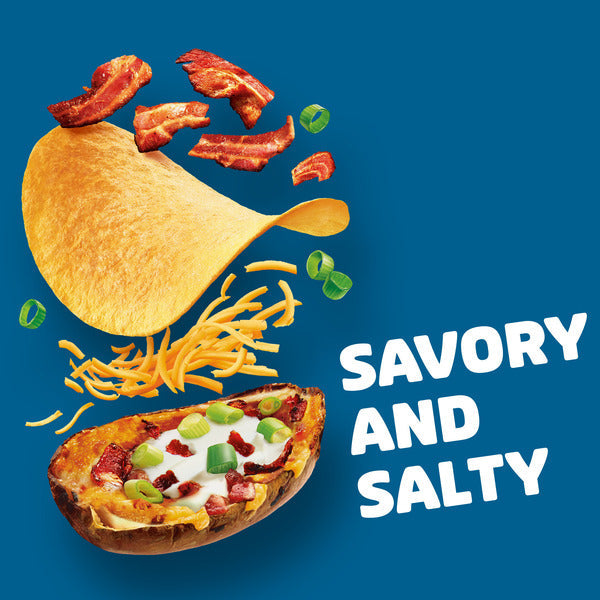 Tortilla chip, pizza, and bacon with 'Savory and Salty' text on a blue background