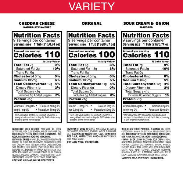 Nutrition labels for Cheddar Cheese, Original, and Sour Cream & Onion flavors on a white background with red accents.