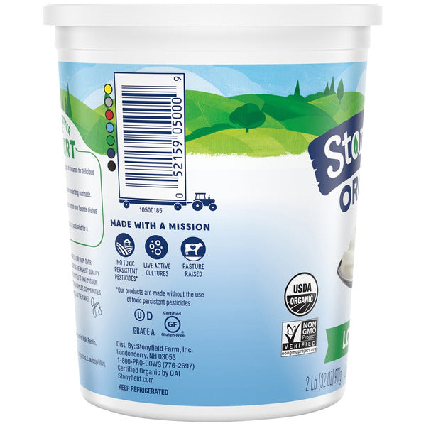 Yogurt container with label showing branding and certification logos on a white background