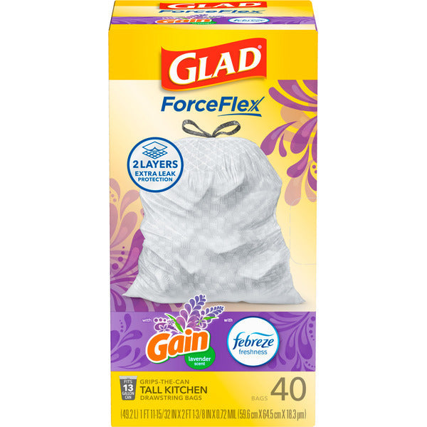 Glad ForceFlex Tall Kitchen Trash Bags, 13 Gallon, Gain Lavender with Febreze