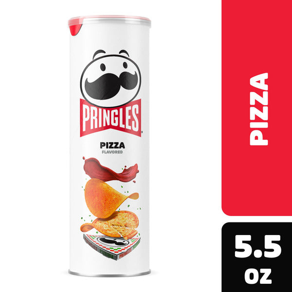 Pringles Pizza flavor canister with red label and '5.5 oz' text on a white background