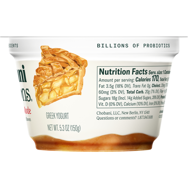 Yogurt container with pie illustration and nutrition facts on a white background