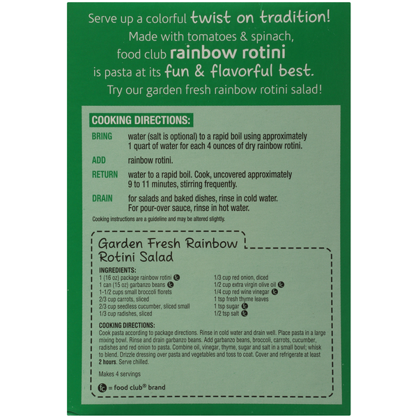 Food Club Enriched Tomato And Spinach Macaroni Product, Rainbow Rotini