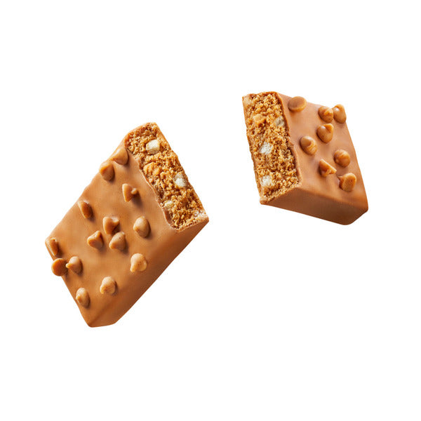 Two chocolate-covered cookie bars with a white background. ONE REESE'S Peanut Butter Lovers Flavored Protein Bars, 2.12 oz (4 Count) with 18g protein per bar