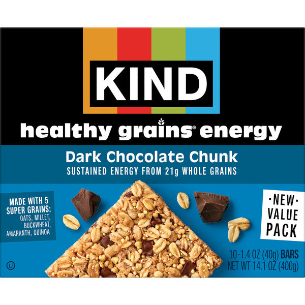 KIND Dark Chocolate Chunk Healthy Grains Energy Bars, 10 Count, 1 Cardboard Box