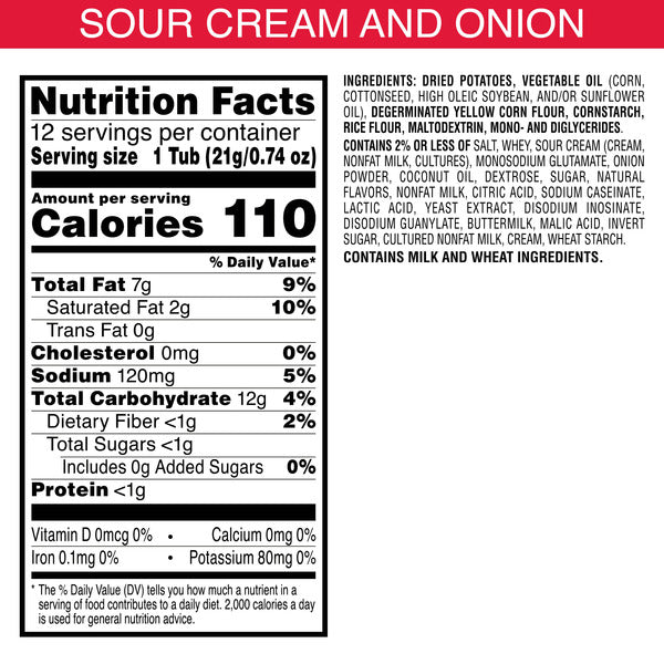 Nutrition facts label for a product with sour cream and onion flavor.