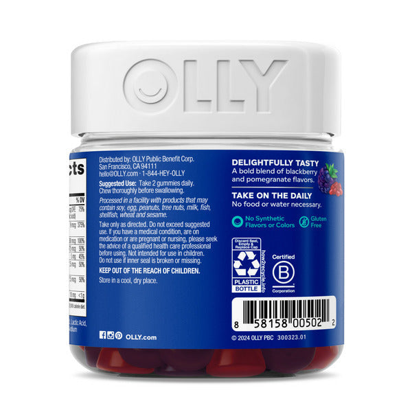 OLLY Men's Multi multivitamin gummy bottle showing the back label with directions, ingredients, nutrition information, barcode, and blue blackberry-themed packaging on a white background.