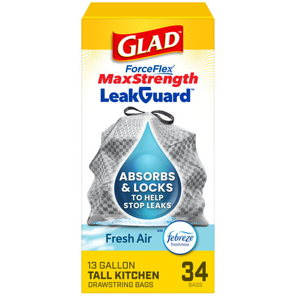 Glad ForceFlex MaxStrength LeakGuard Tall Kitchen Trash Bags, 13 Gallon, Fresh Air