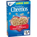 General Mills Frosted Cheerios Large Size Cereal box featuring sweet frosted whole grain oat cereal, family-size breakfast cereal with a crunchy texture, perfect for quick breakfasts and wholesome morning meals.