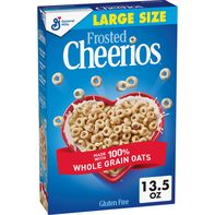 General Mills Frosted Cheerios Large Size Cereal box featuring sweet frosted whole grain oat cereal, family-size breakfast cereal with a crunchy texture, perfect for quick breakfasts and wholesome morning meals.