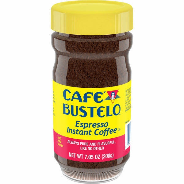 Jar of Cafe Bustelo Espresso Instant Coffee with yellow lid and label on a white background. 7.05 oz (200g)