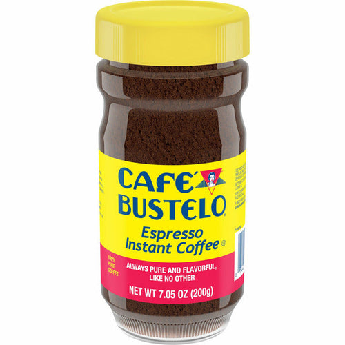Jar of Cafe Bustelo Espresso Instant Coffee with yellow lid and label on a white background. 7.05 oz (200g)
