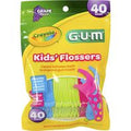 Close-up of Crayola GUM Kids Flossers in grape flavor pouch, colorful kid-friendly dental floss picks for plaque removal and fresh breath, fun oral care for children.