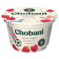 Chobani Greek Yogurt container with raspberry flavor on a white background