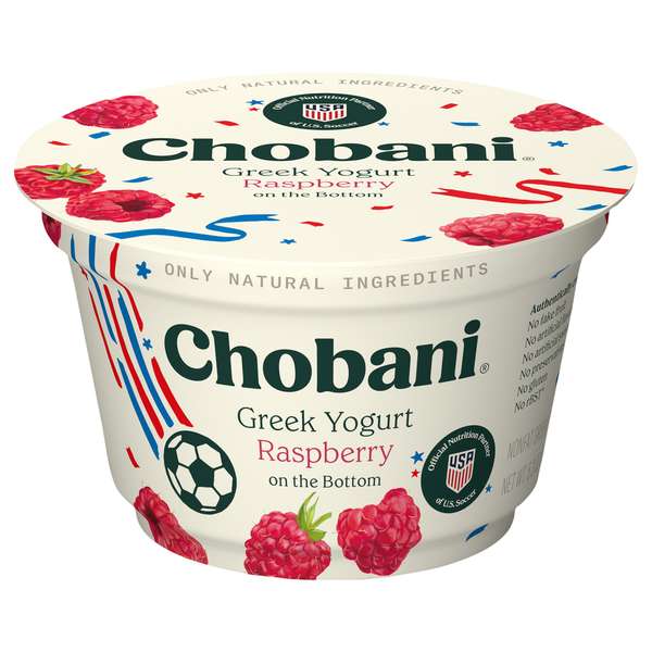 Chobani Greek Yogurt container with raspberry flavor on a white background